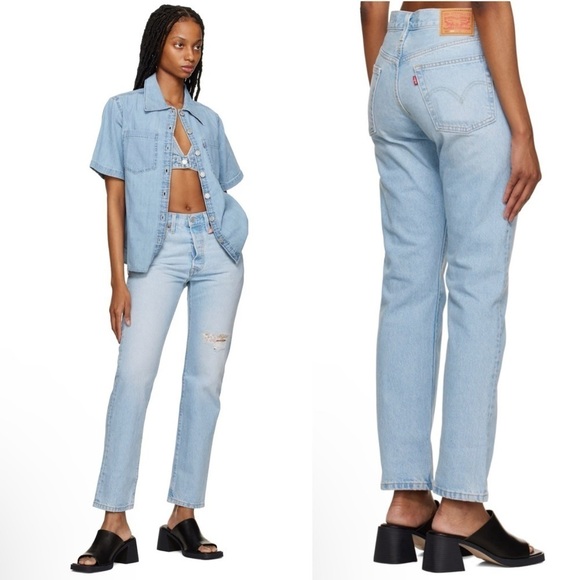 Levis Womens 501 Light Wash Floral Patch Distressed Mid Rise Denim Jeans Size 24 - Picture 1 of 10